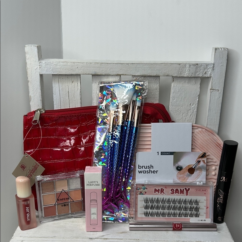 Red Makeup Bag with Assorted Beauty Products